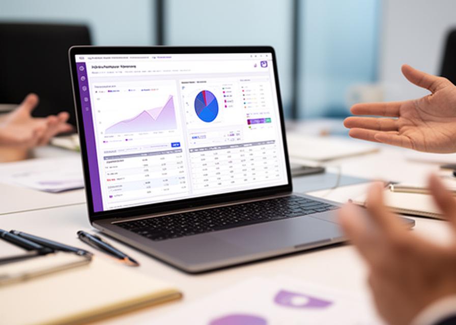 Financial planning report displayed on a laptop in a bright conference room with chart summaries and assumption tables