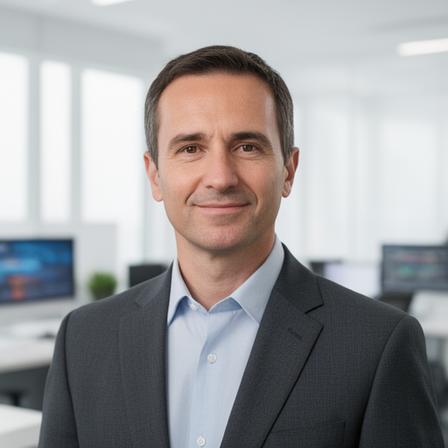 Miles Brennan, CEO, standing in a bright office with expense reports on a screen behind him