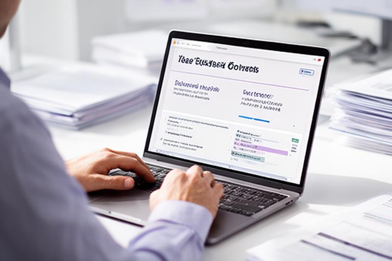 Compliance analyst reviewing expense controls on a laptop in a bright office with printed audit notes