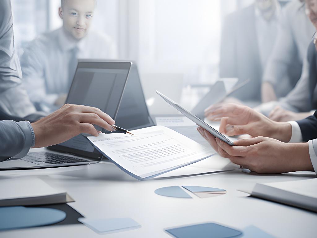 Business team reviewing a legal agreement on a laptop in a bright office meeting room